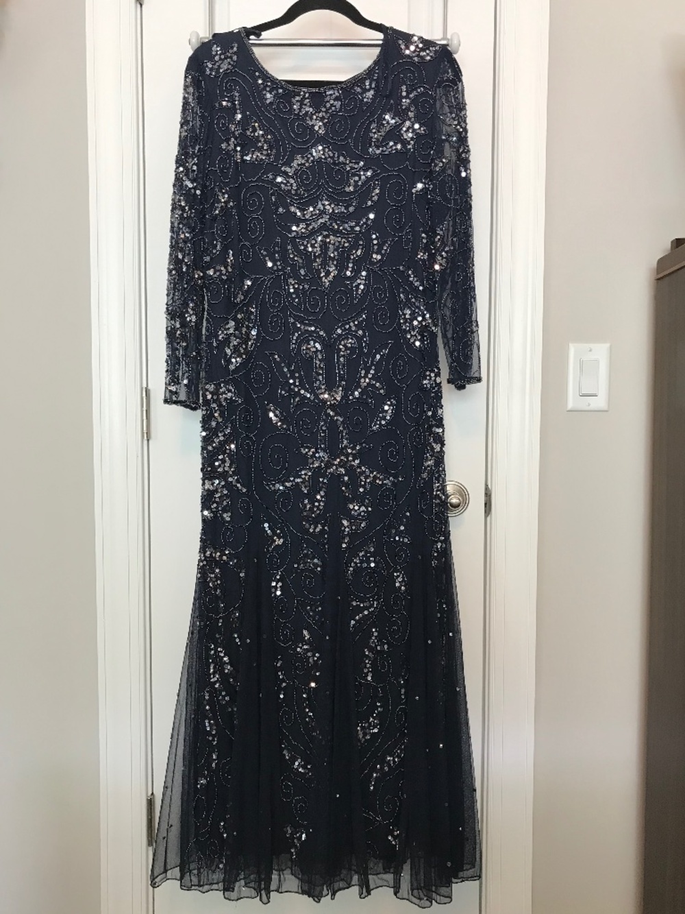 NWOT Pisarro Nights navy blue beaded sequined a-line evening gown (14W)